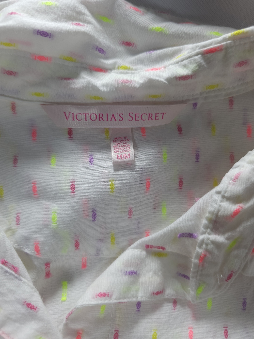 Victoria's Secret White Pajama Set with Neon Pink and Neon Yellow Dot Accents - Picture 2 of 7